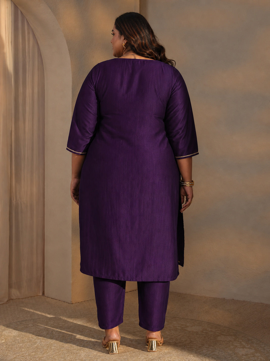  Plus Size Purple Mirror Work Yoke Design Silk Blend Straight Kurta Set 