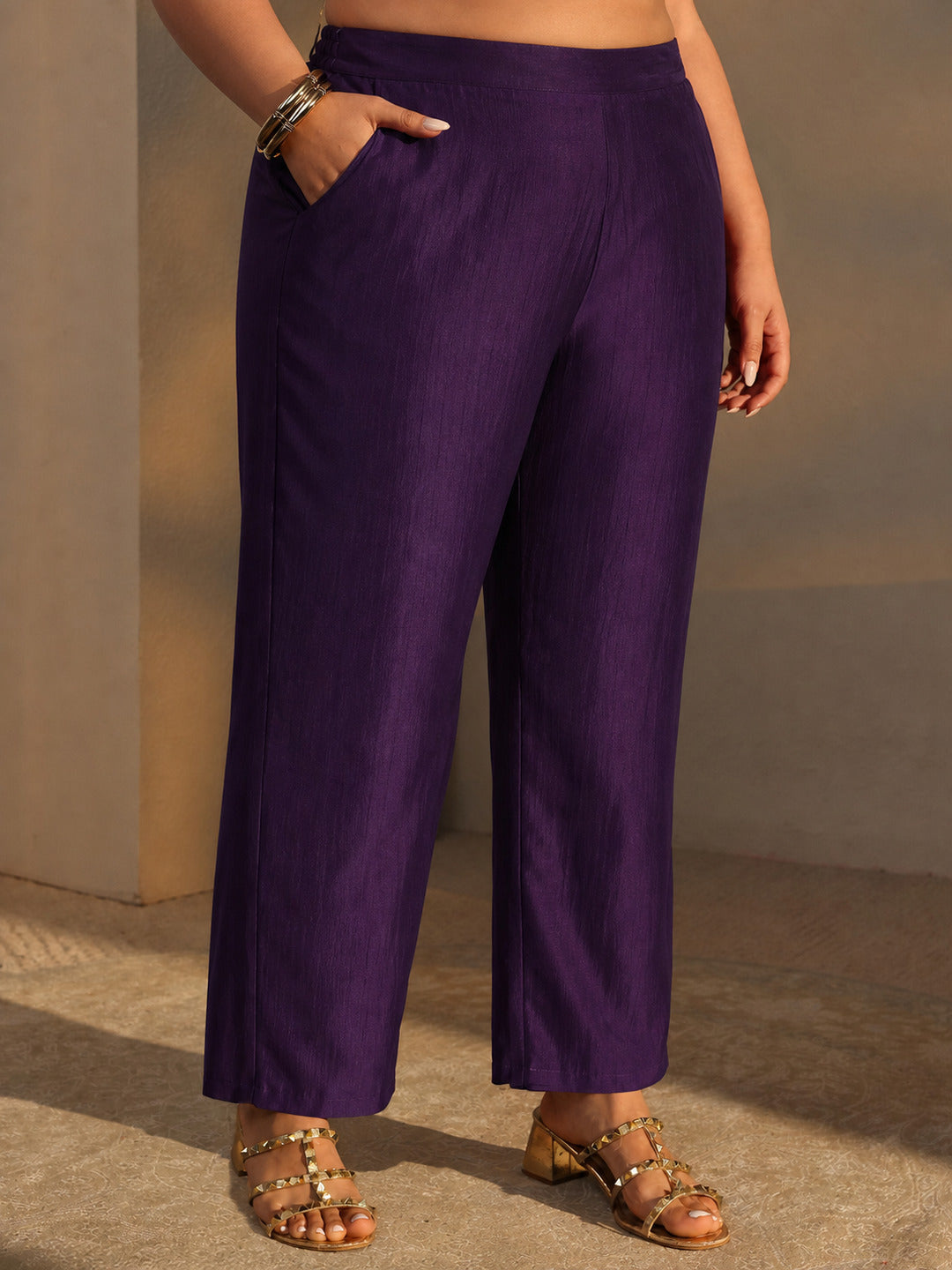  Plus Size Purple Mirror Work Yoke Design Silk Blend Straight Kurta Set 