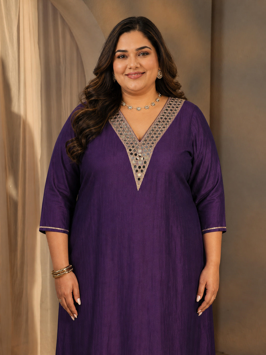  Plus Size Purple Mirror Work Yoke Design Silk Blend Straight Kurta Set 