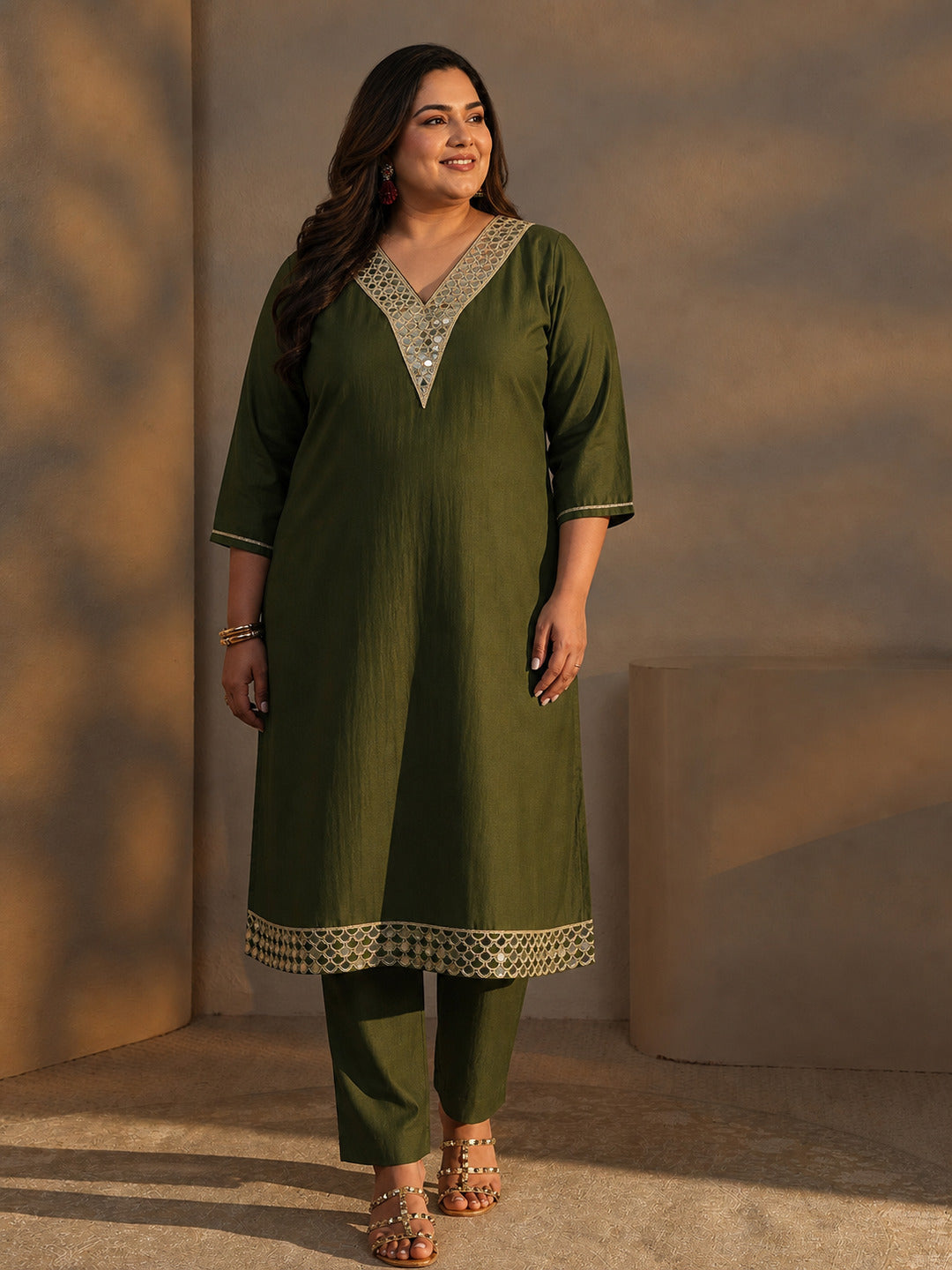  Plus Size Green Mirror Work Yoke Design Silk Blend Straight Kurta Set 