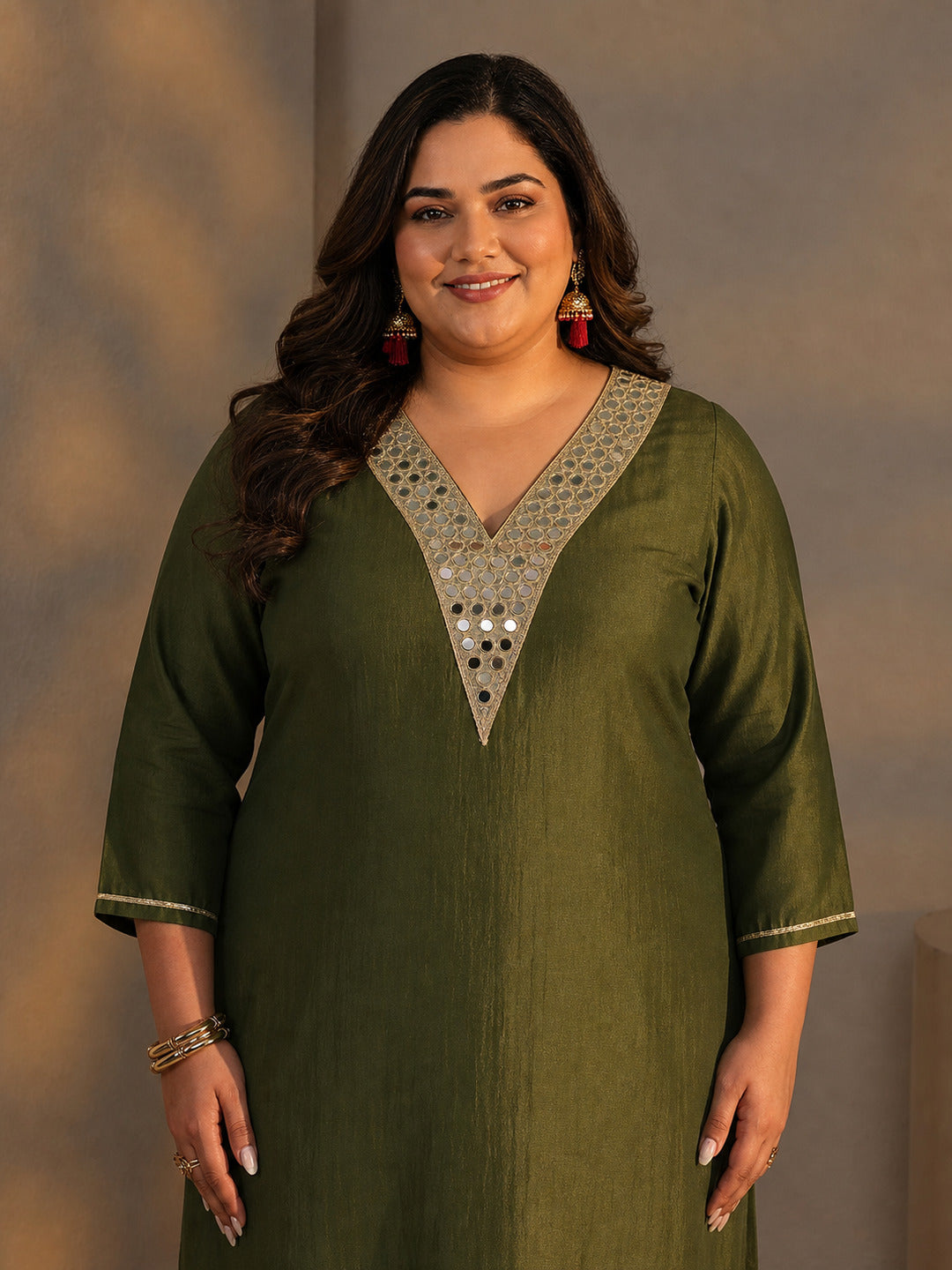  Plus Size Green Mirror Work Yoke Design Silk Blend Straight Kurta Set 