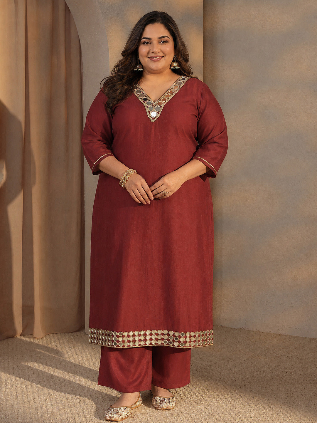 Plus Size Rust Embellished Silk Blend Straight Kurta Set 