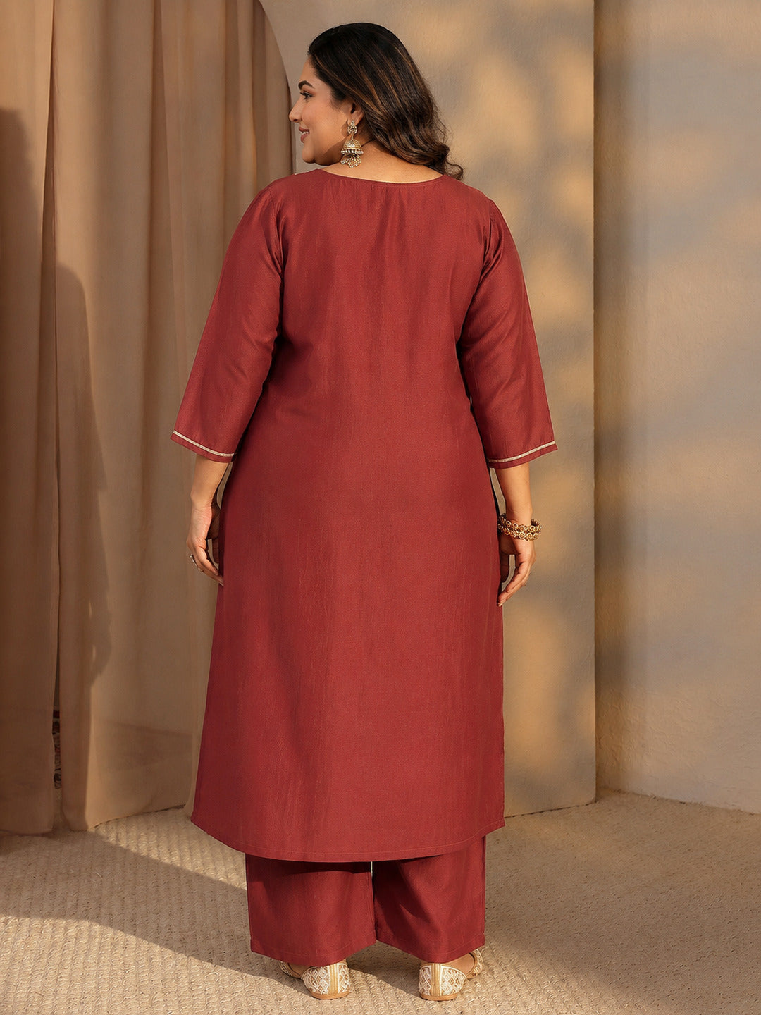  Plus Size Rust Embellished Silk Blend Straight Kurta Set 