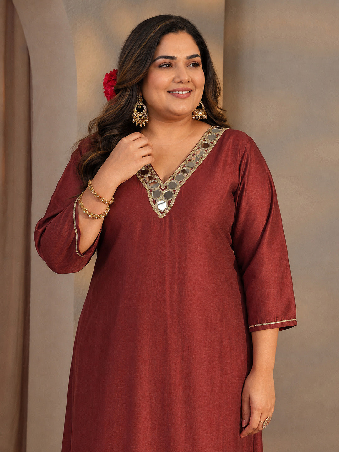  Plus Size Rust Embellished Silk Blend Straight Kurta Set 