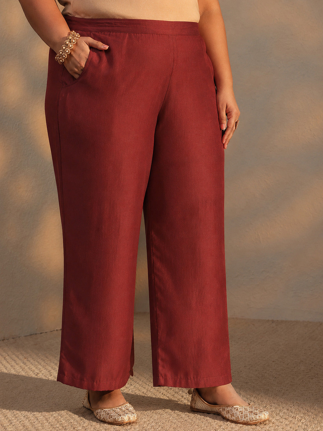  Plus Size Rust Embellished Silk Blend Straight Kurta Set 