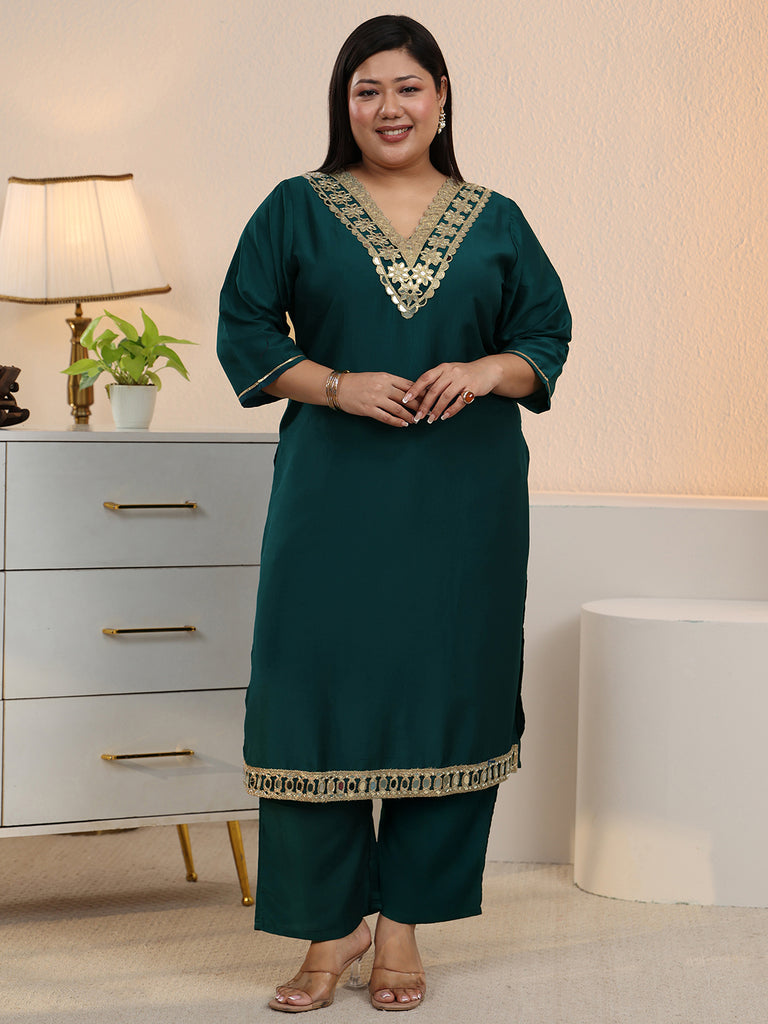 Plus Size Teal Embroidered Silk Blend Straight Kurta Set