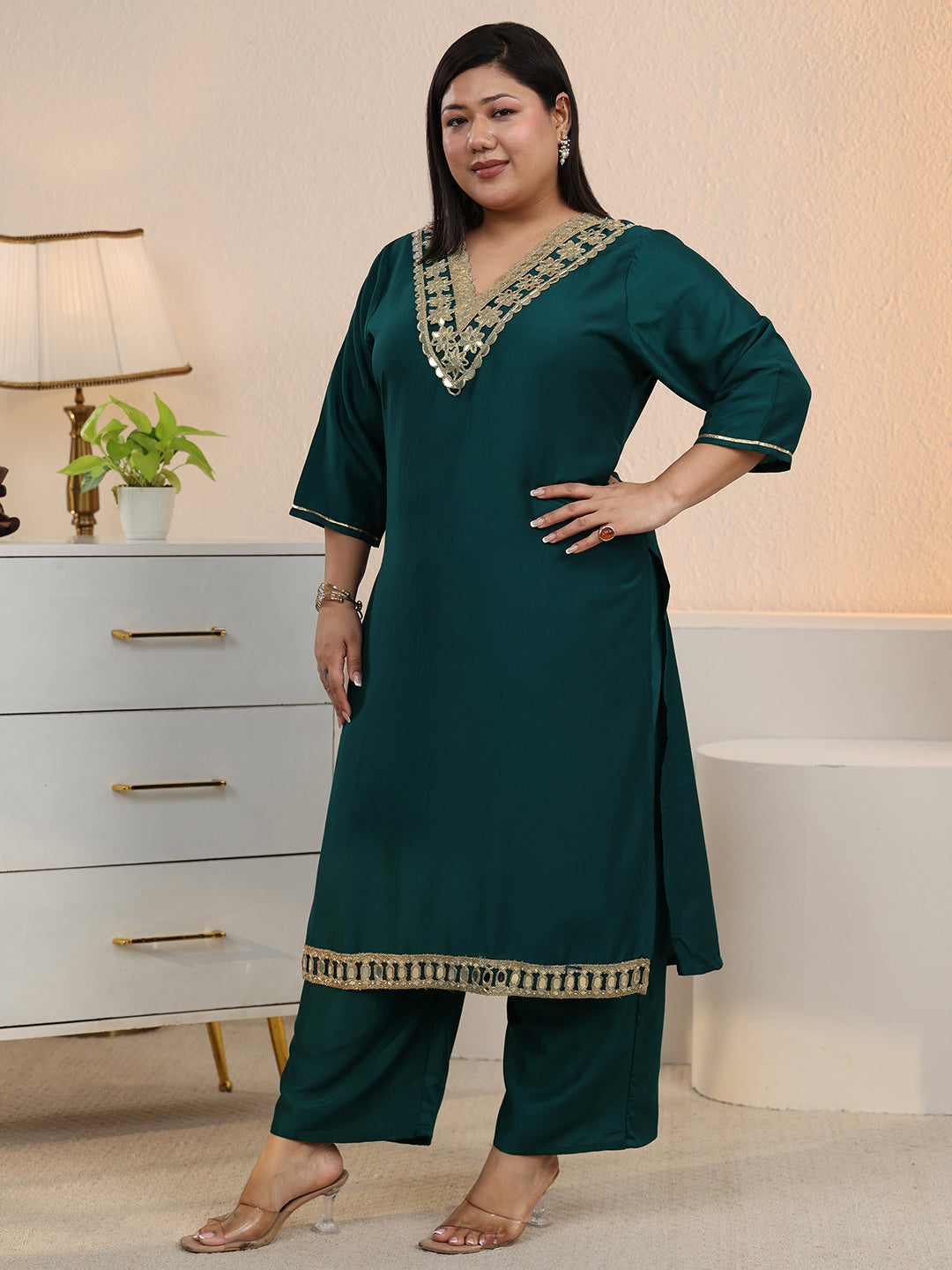  Plus Size Teal Embroidered Silk Blend Straight Kurta Set 
