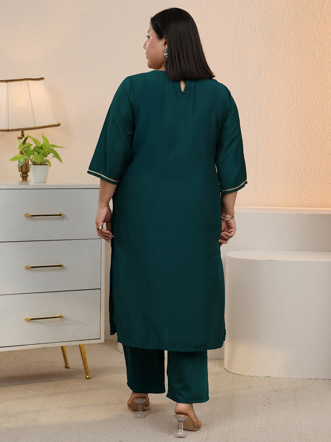  Plus Size Teal Embroidered Silk Blend Straight Kurta Set 