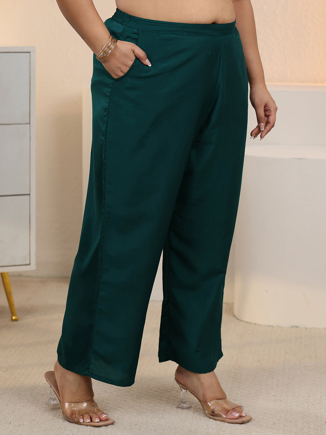  Plus Size Teal Embroidered Silk Blend Straight Kurta Set 