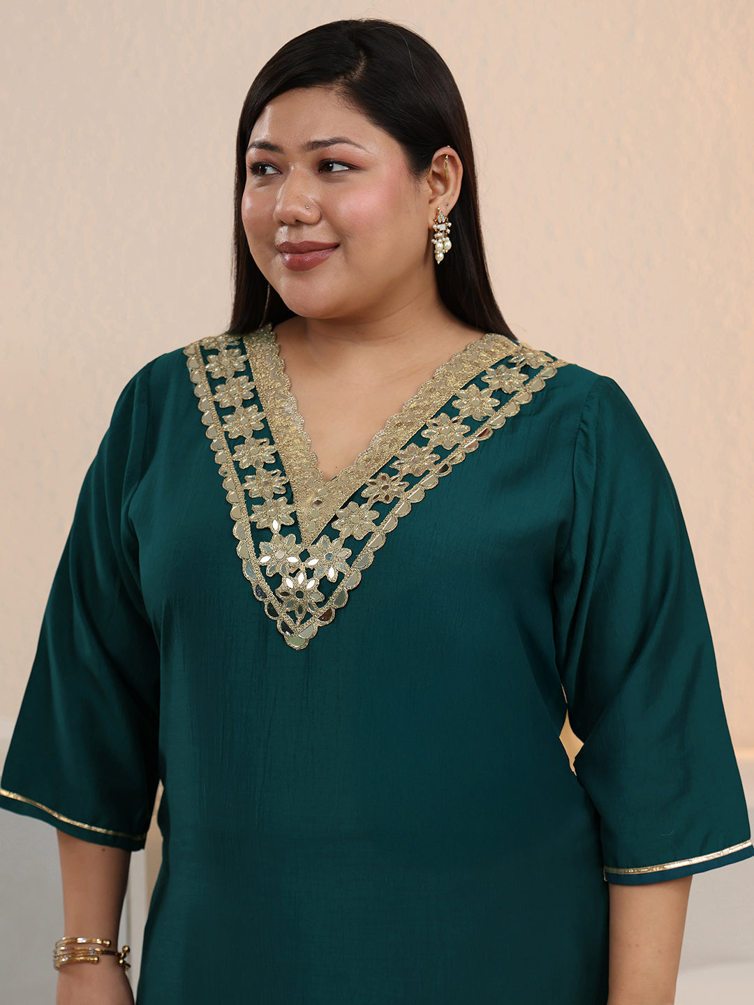 Plus Size Teal Embroidered Silk Blend Straight Kurta Set 