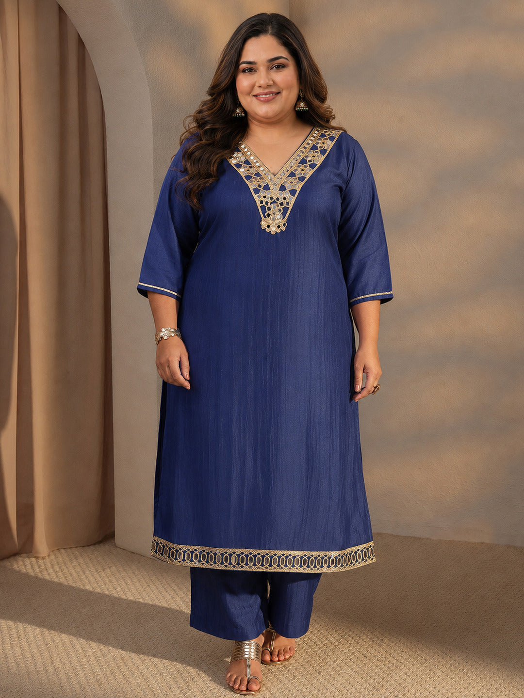  Plus Size Blue Mirror Work Yoke Design Silk Blend Straight Kurta Set 