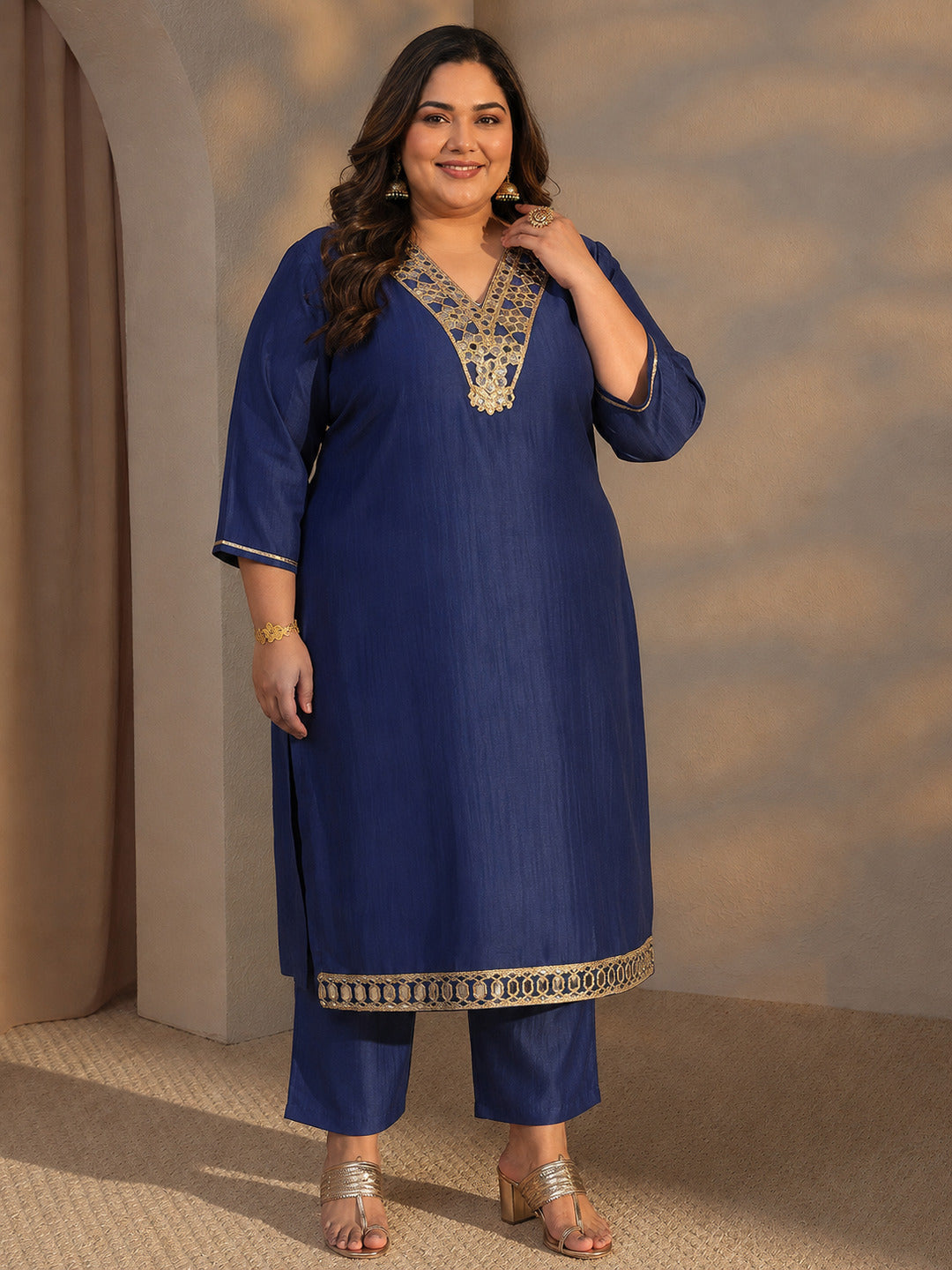  Plus Size Blue Mirror Work Yoke Design Silk Blend Straight Kurta Set 