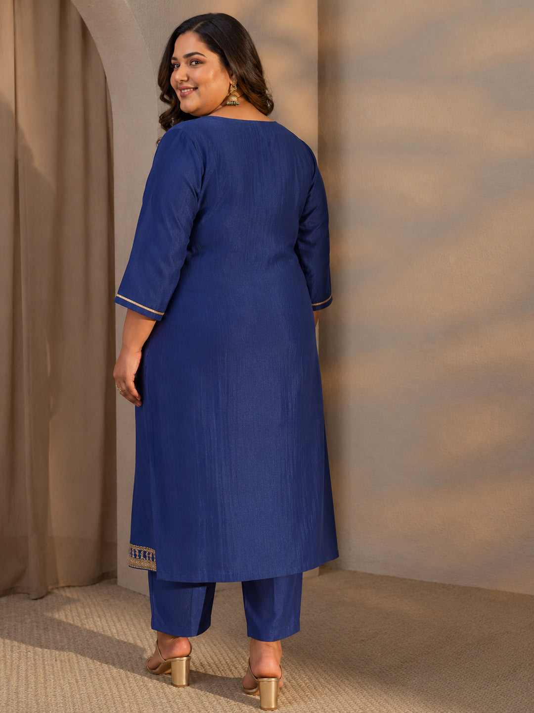  Plus Size Blue Mirror Work Yoke Design Silk Blend Straight Kurta Set 