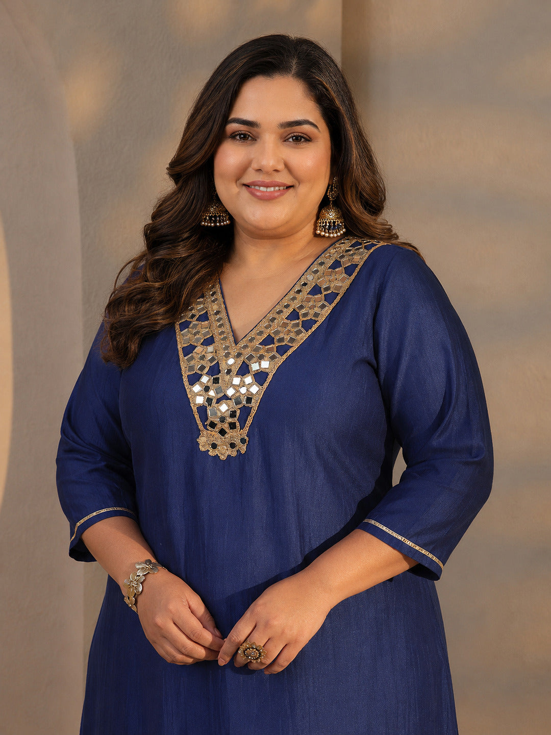  Plus Size Blue Mirror Work Yoke Design Silk Blend Straight Kurta Set 
