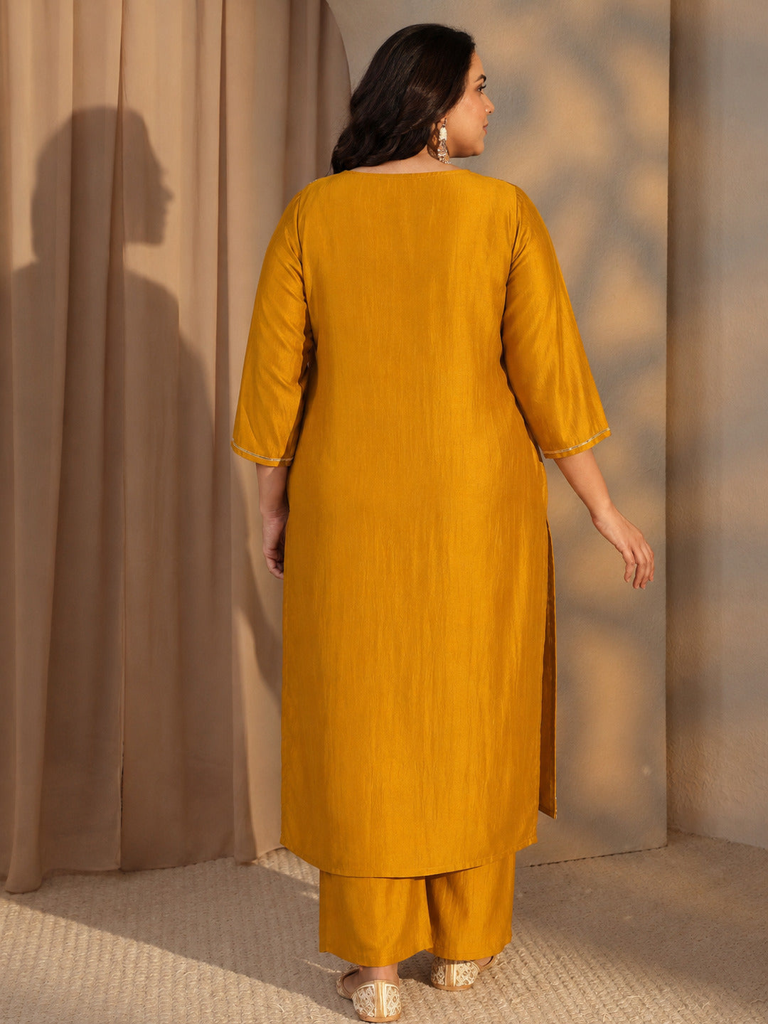  Plus Size Mustard Mirror Work Yoke Design Silk Blend Straight kurta 