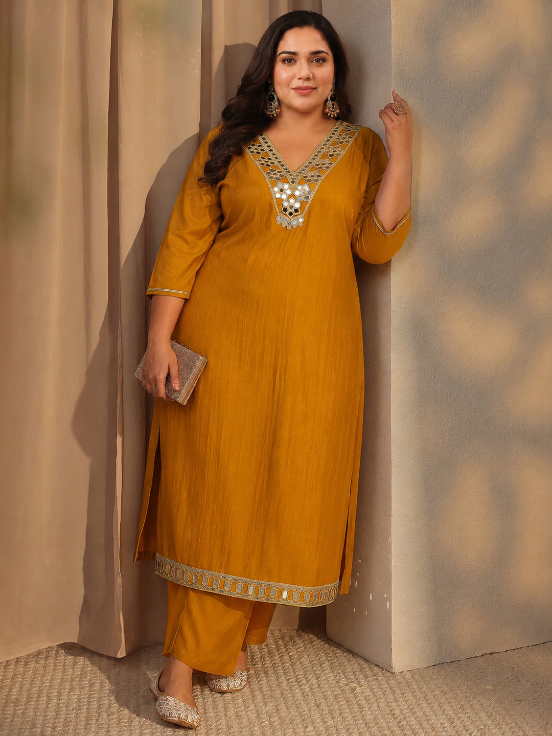  Plus Size Mustard Mirror Work Yoke Design Silk Blend Straight kurta 