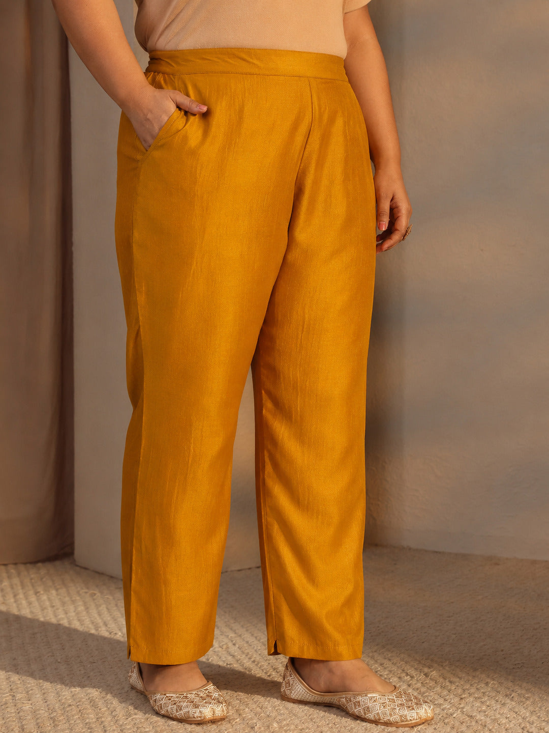  Plus Size Mustard Mirror Work Yoke Design Silk Blend Straight kurta 
