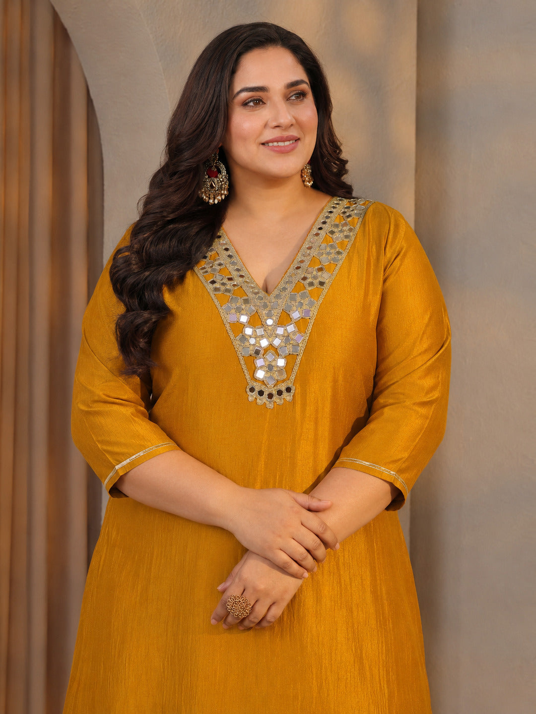  Plus Size Mustard Mirror Work Yoke Design Silk Blend Straight kurta 