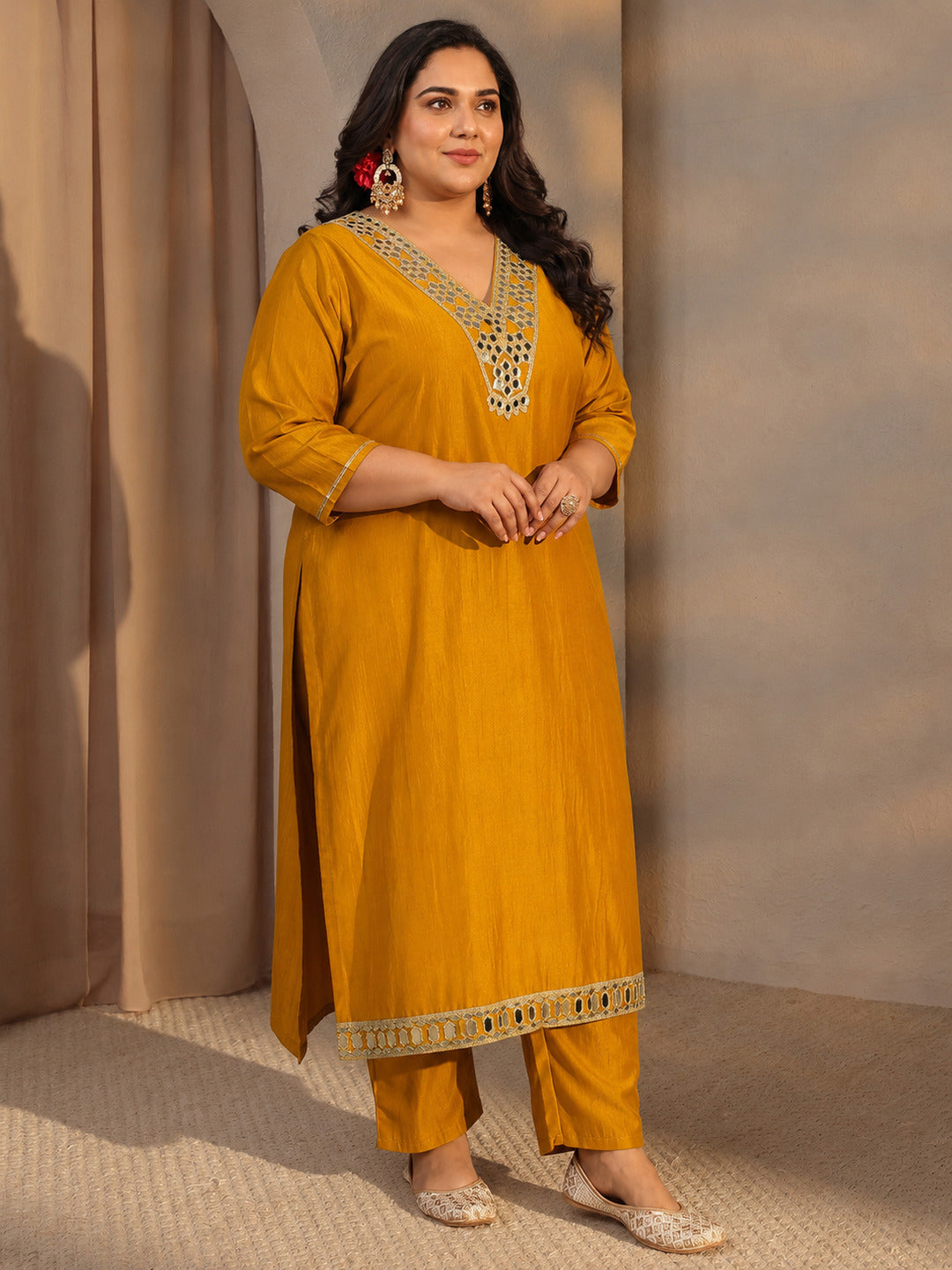 Plus Size Mustard Mirror Work Yoke Design Silk Blend Straight kurta 