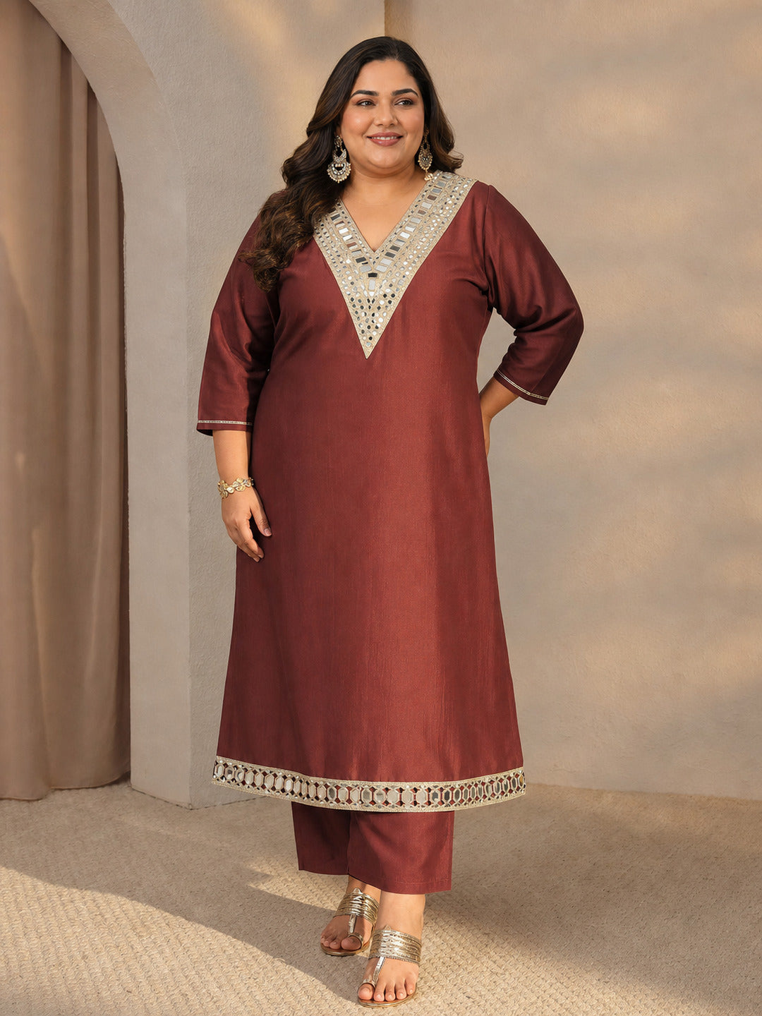  Plus Size Rust Mirror Work Yoke Design Silk Blend Straight Kurta Set 