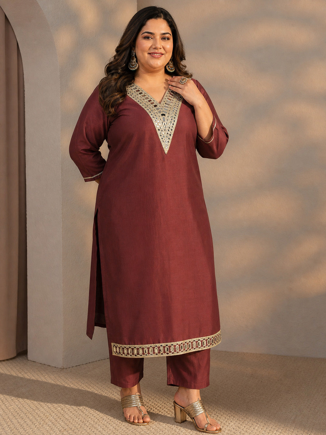  Plus Size Rust Mirror Work Yoke Design Silk Blend Straight Kurta Set 
