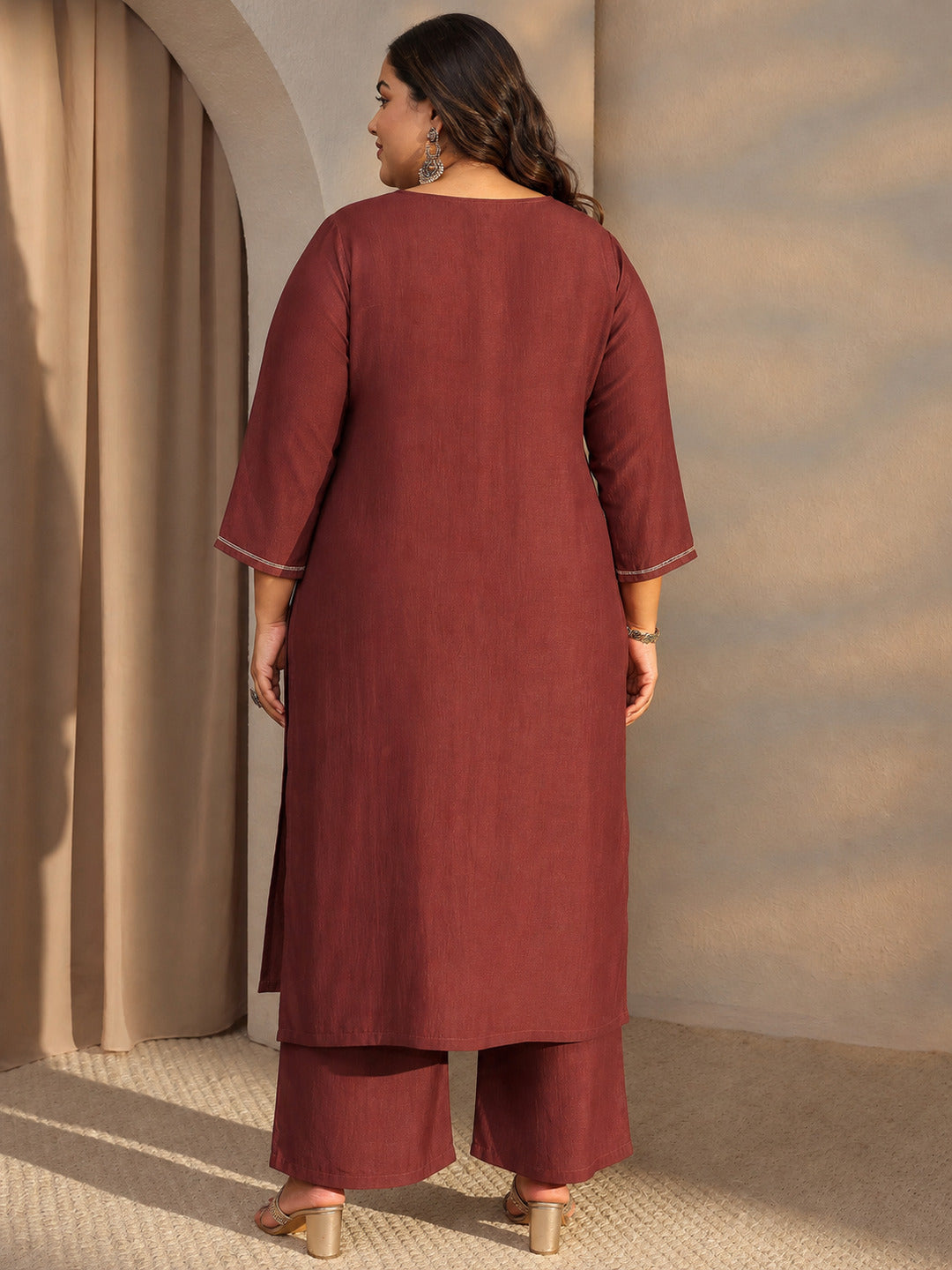  Plus Size Rust Mirror Work Yoke Design Silk Blend Straight Kurta Set 