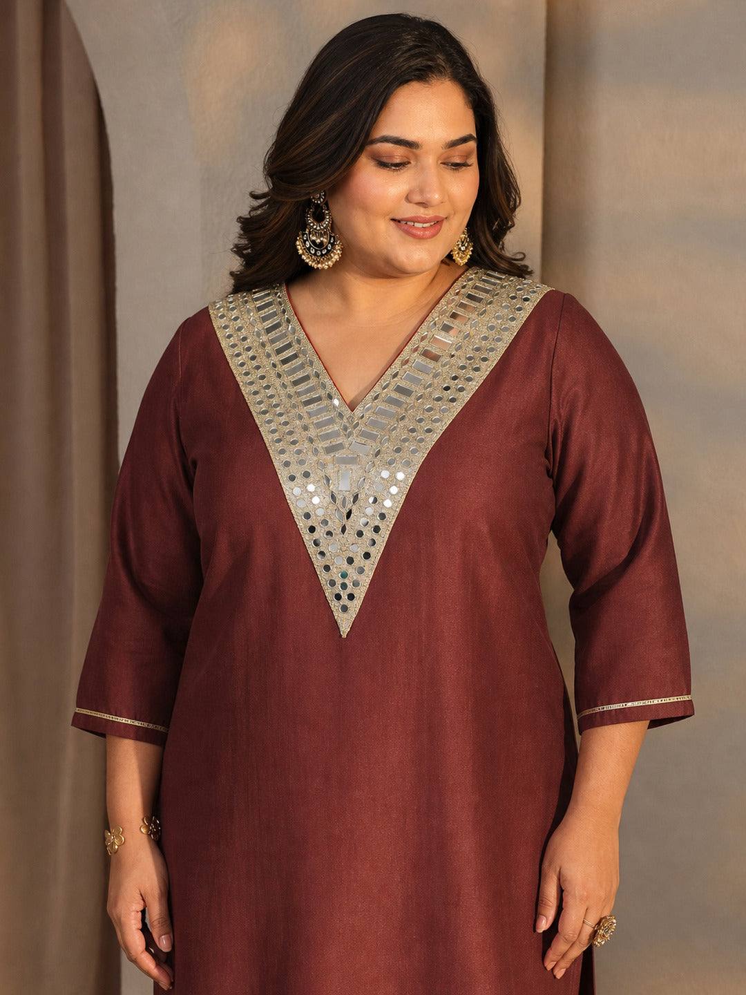  Plus Size Rust Mirror Work Yoke Design Silk Blend Straight Kurta Set 