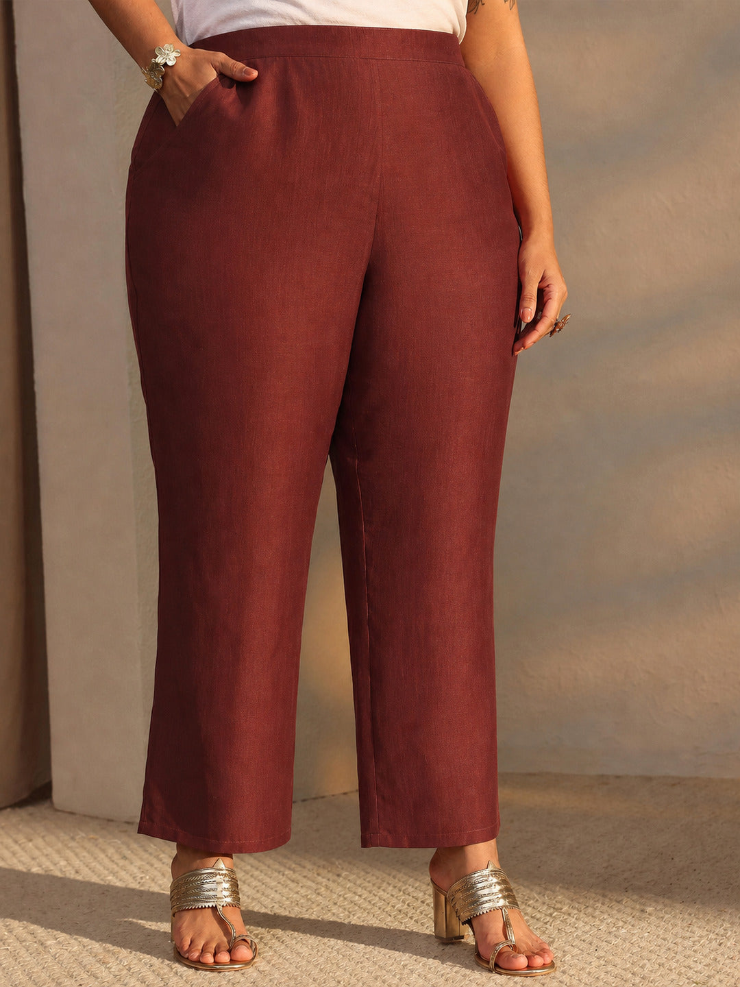  Plus Size Rust Mirror Work Yoke Design Silk Blend Straight Kurta Set 