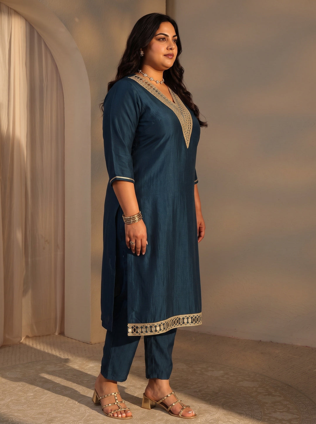 Plus Size Aprajita Navy Blue Mirror Work Yoke Design Silk Blend Straight Kurta Set 