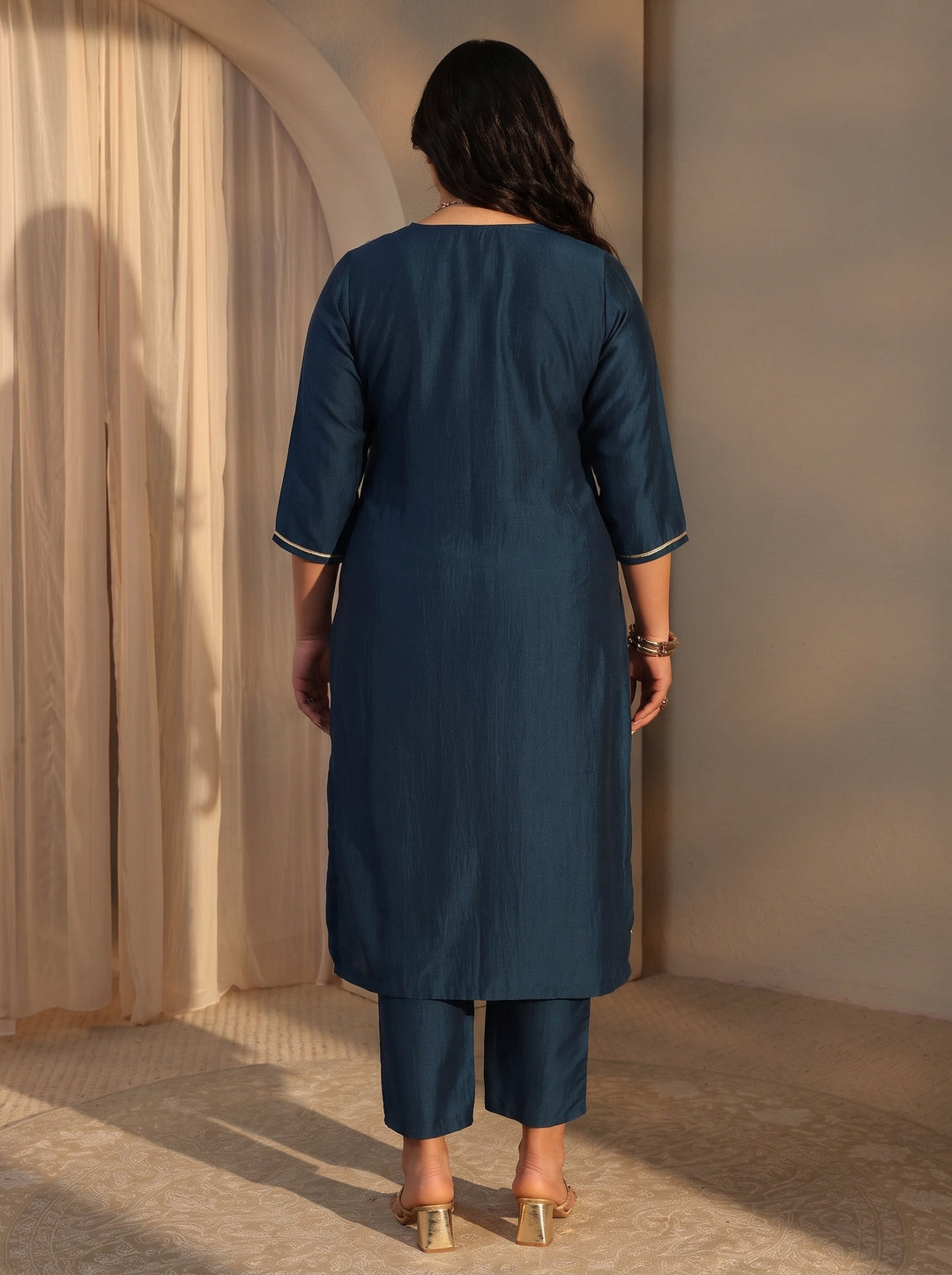  Plus Size Aprajita Navy Blue Mirror Work Yoke Design Silk Blend Straight Kurta Set 