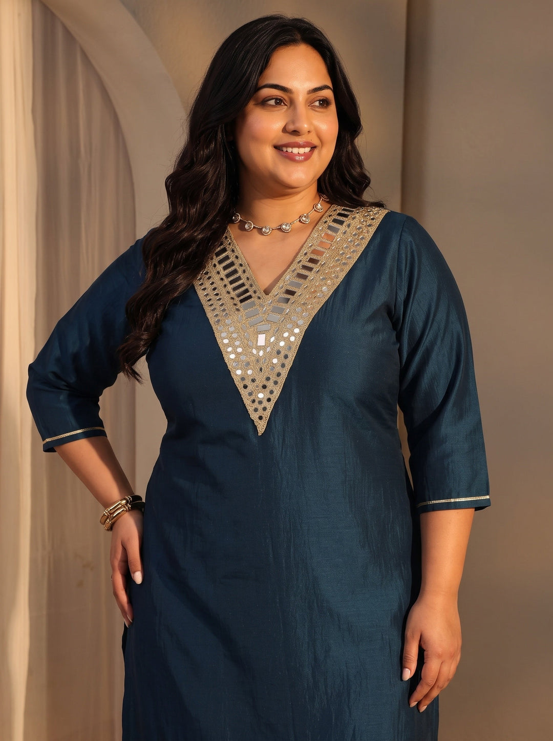  Plus Size Aprajita Navy Blue Mirror Work Yoke Design Silk Blend Straight Kurta Set 