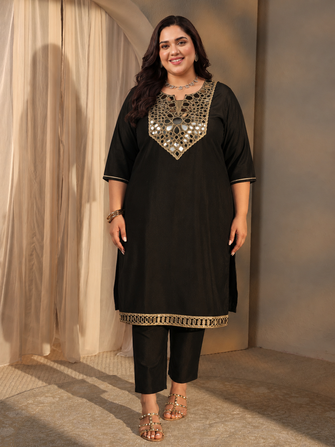 libas Plus Size Black Embellished Silk Blend Straight Kurta Set-picture-20