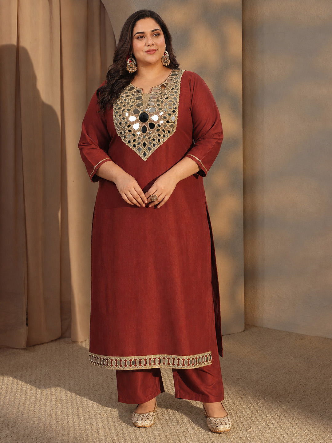  Plus Size Rust Mirror Work Yoke Design Silk Blend Straight Kurta Set 
