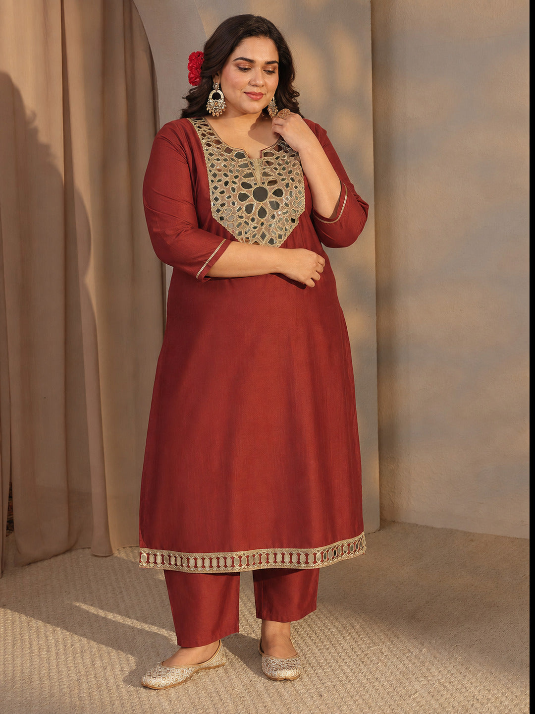  Plus Size Rust Mirror Work Yoke Design Silk Blend Straight Kurta Set 