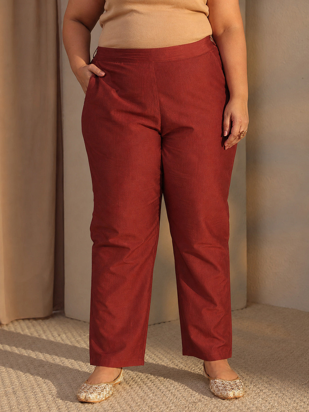  Plus Size Rust Mirror Work Yoke Design Silk Blend Straight Kurta Set 
