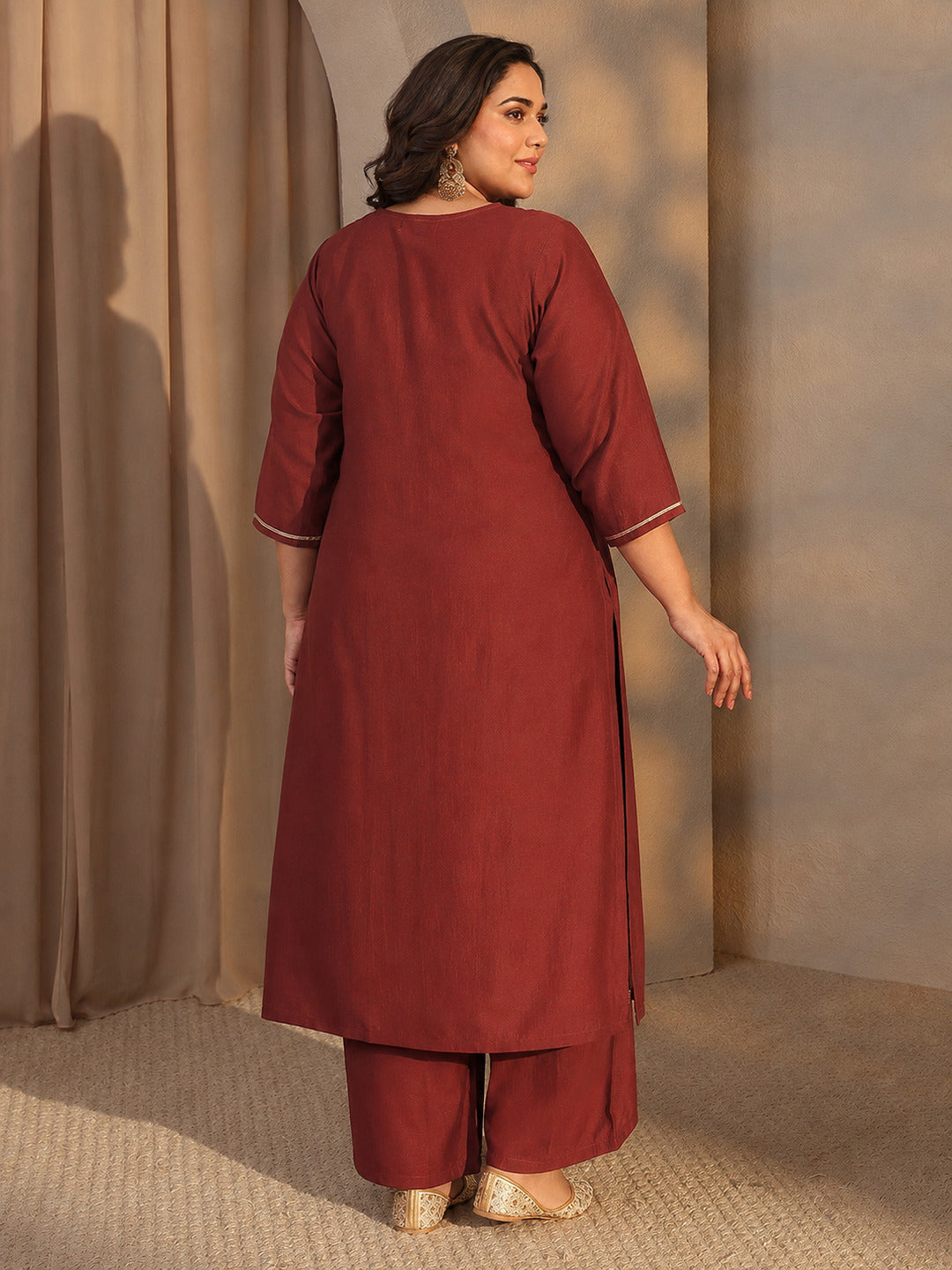  Plus Size Rust Mirror Work Yoke Design Silk Blend Straight Kurta Set 