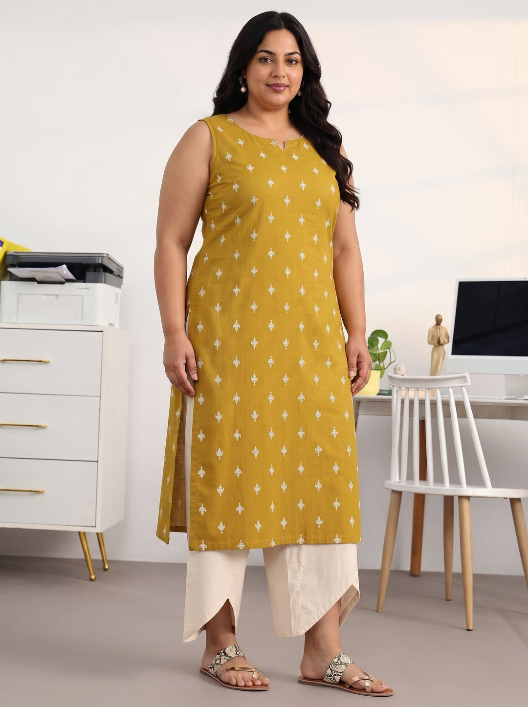  Plus Size Mustard Ethnic Motifs Printed Cotton Blend Straight Suit Set With Dupatta 