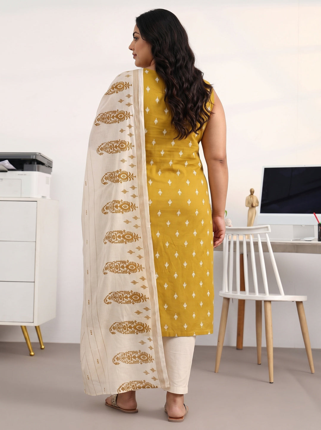  Plus Size Mustard Ethnic Motifs Printed Cotton Blend Straight Suit Set With Dupatta 