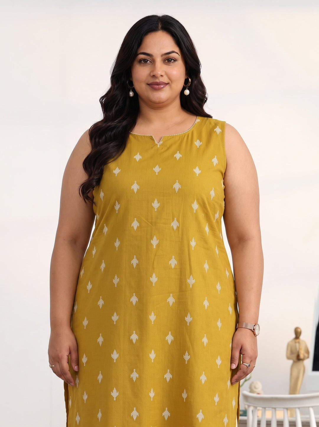  Plus Size Mustard Ethnic Motifs Printed Cotton Blend Straight Suit Set With Dupatta 