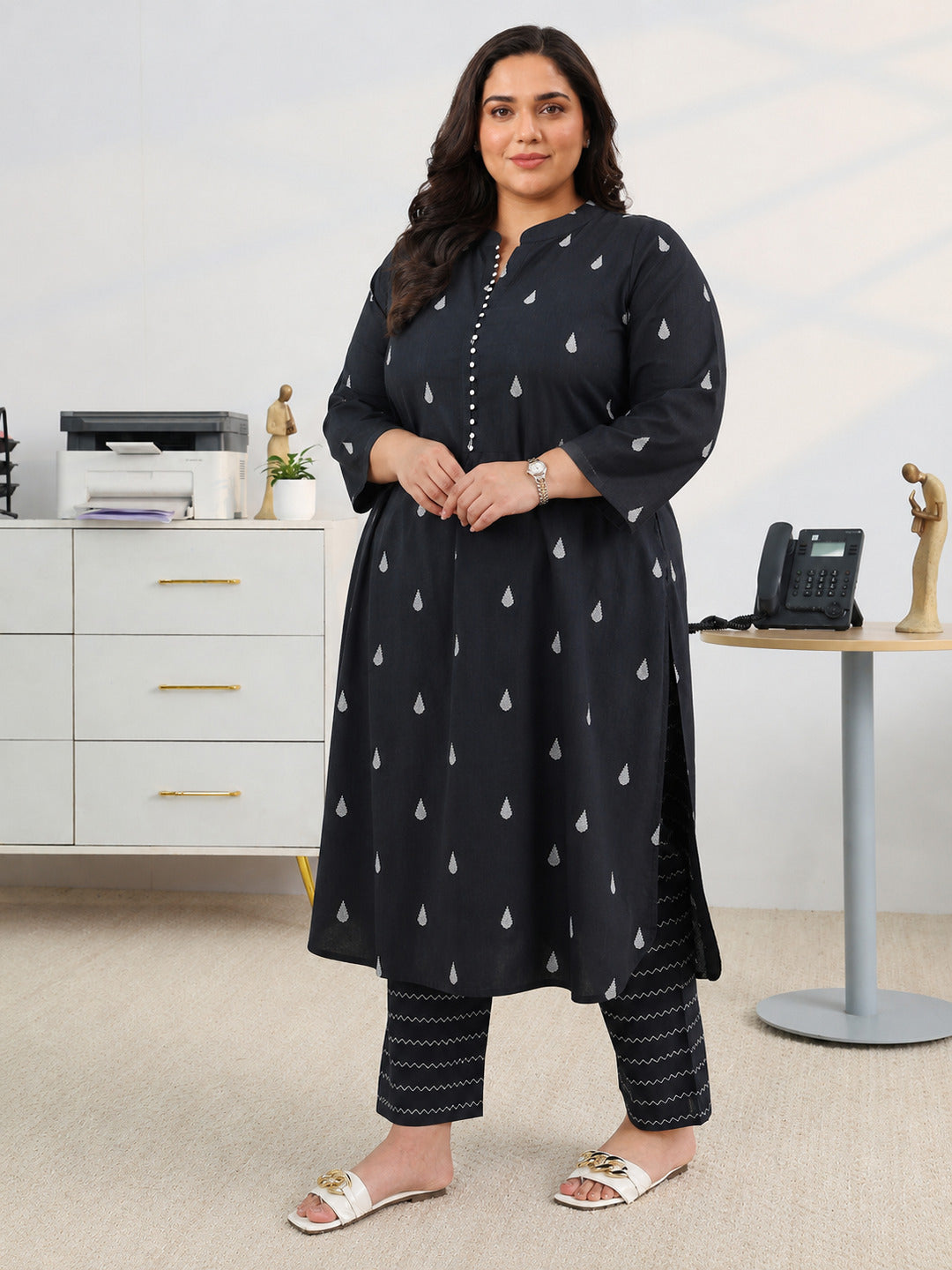  Black Woven Design Cotton Blend A-Line Kurta Set 