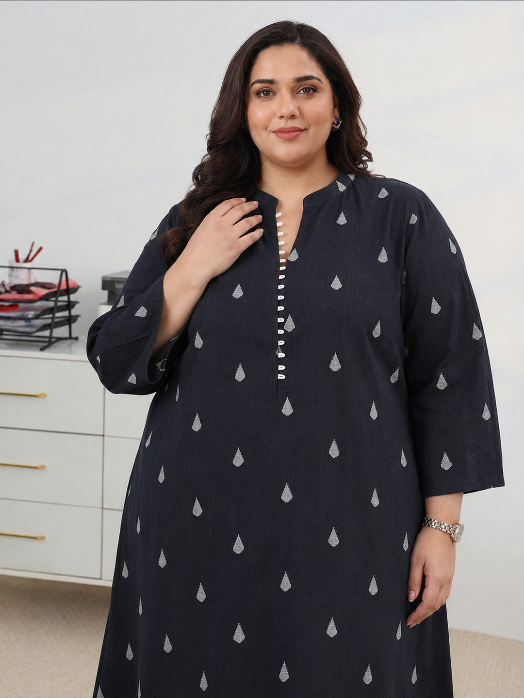  Black Woven Design Cotton Blend A-Line Kurta Set 