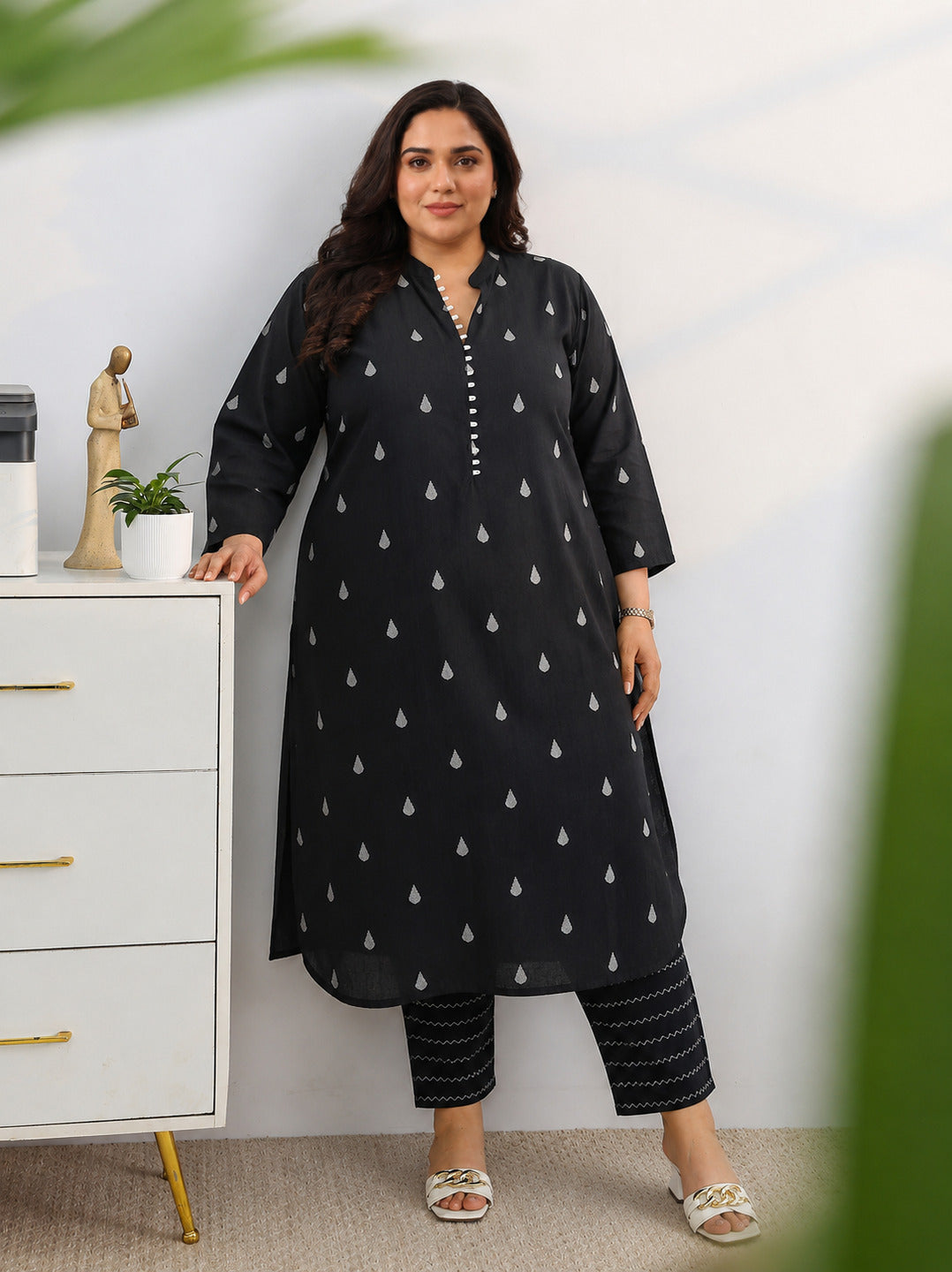  Black Woven Design Cotton Blend A-Line Kurta Set 
