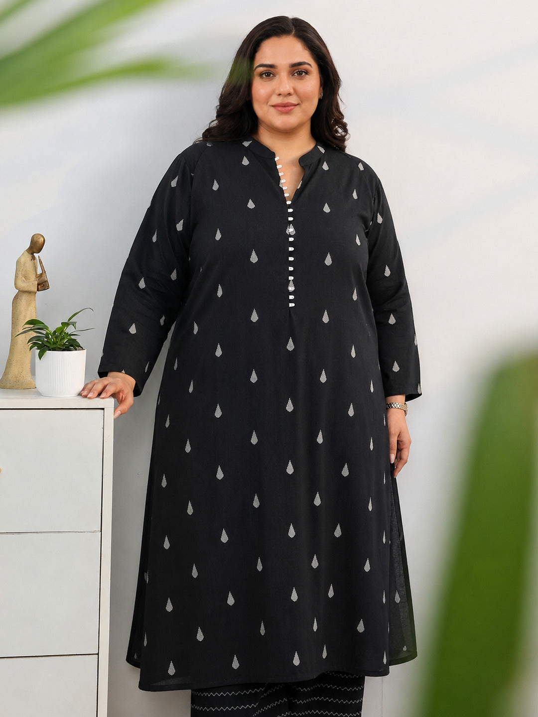  Black Woven Design Cotton Blend A-Line Kurta Set 
