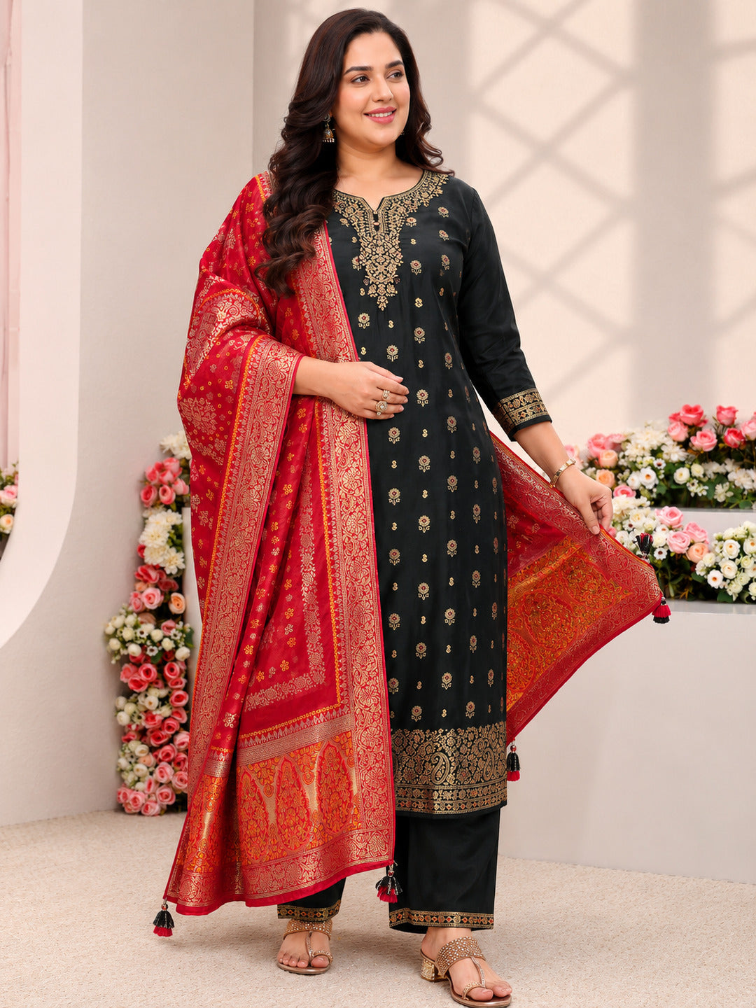  Plus Size Black Floral Woven Design Silk Blend Straight Suit Set With Dupatta 