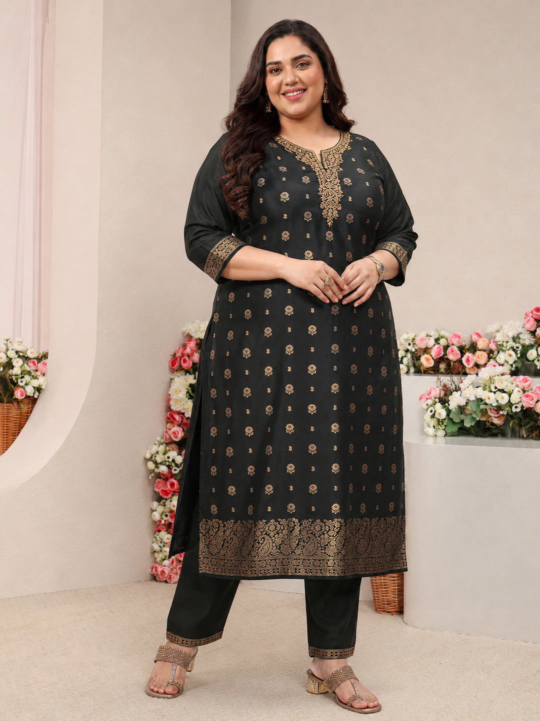  Plus Size Black Floral Woven Design Silk Blend Straight Suit Set With Dupatta 