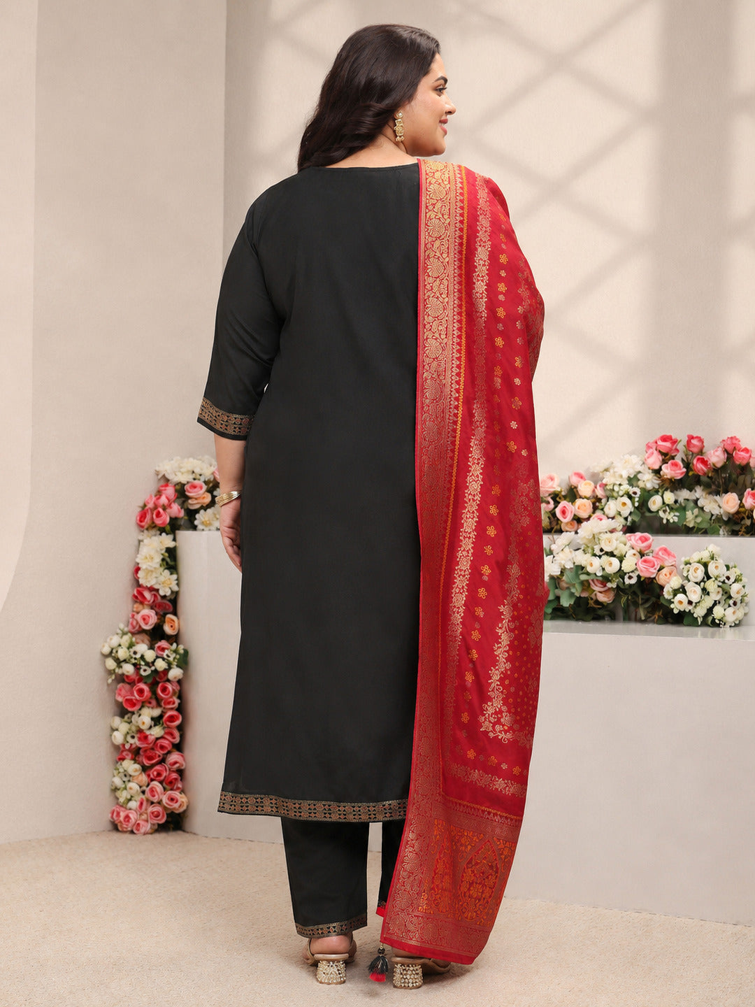  Plus Size Black Floral Woven Design Silk Blend Straight Suit Set With Dupatta 