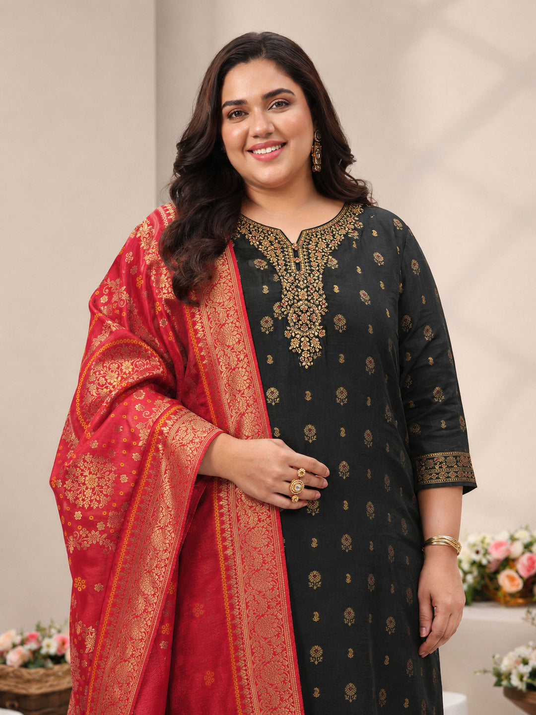  Plus Size Black Floral Woven Design Silk Blend Straight Suit Set With Dupatta 