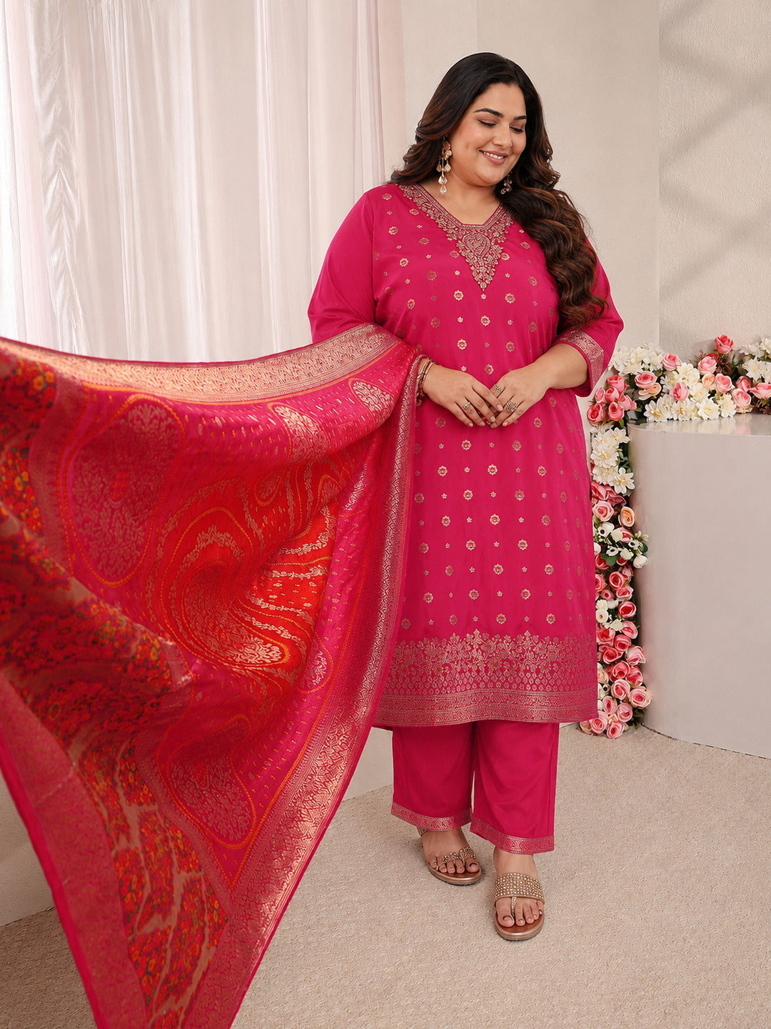 Plus Size Pink Woven Design Silk Blend Straight Suit Set With Dupatta 