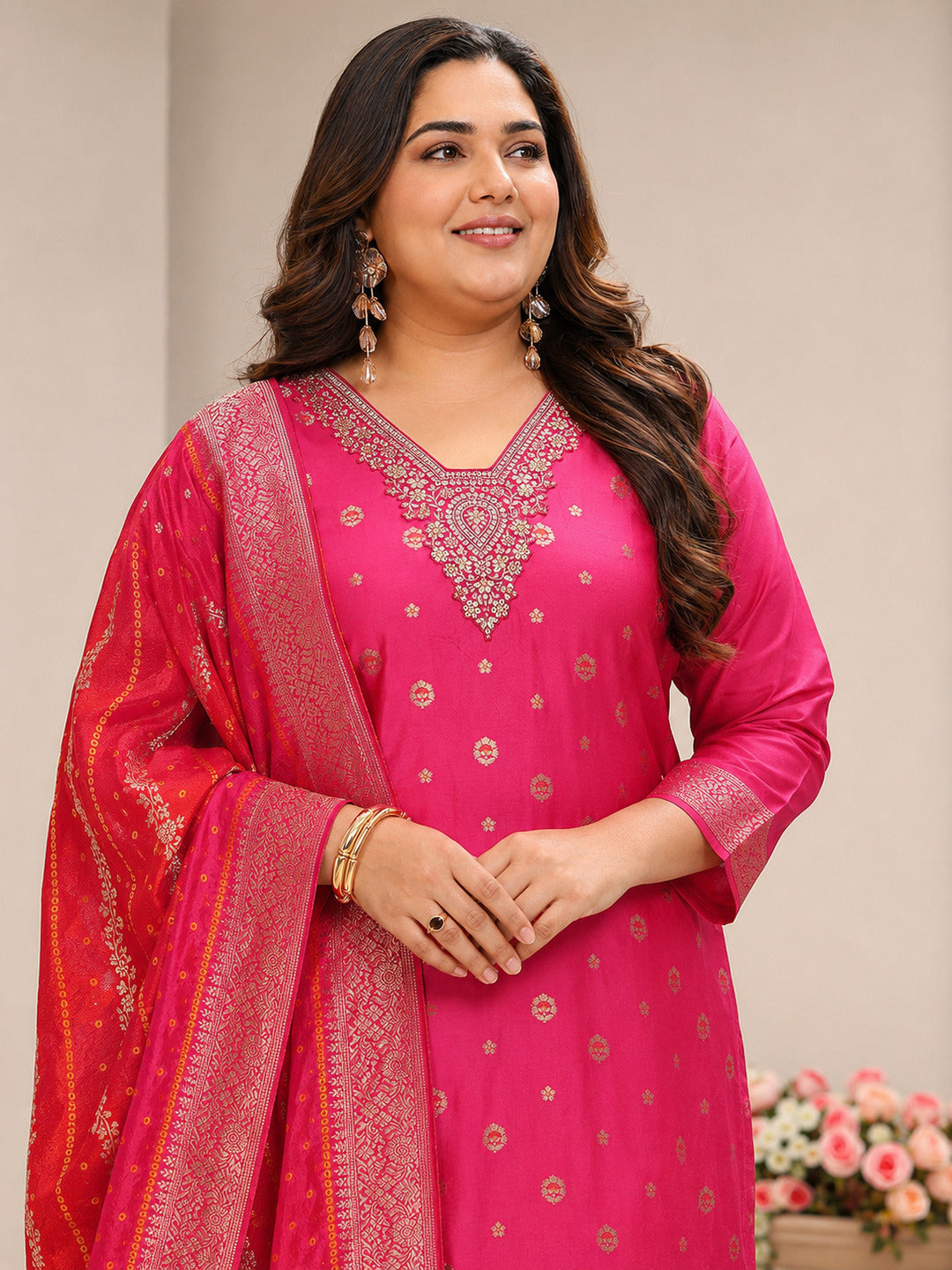  Plus Size Pink Woven Design Silk Blend Straight Suit Set With Dupatta 