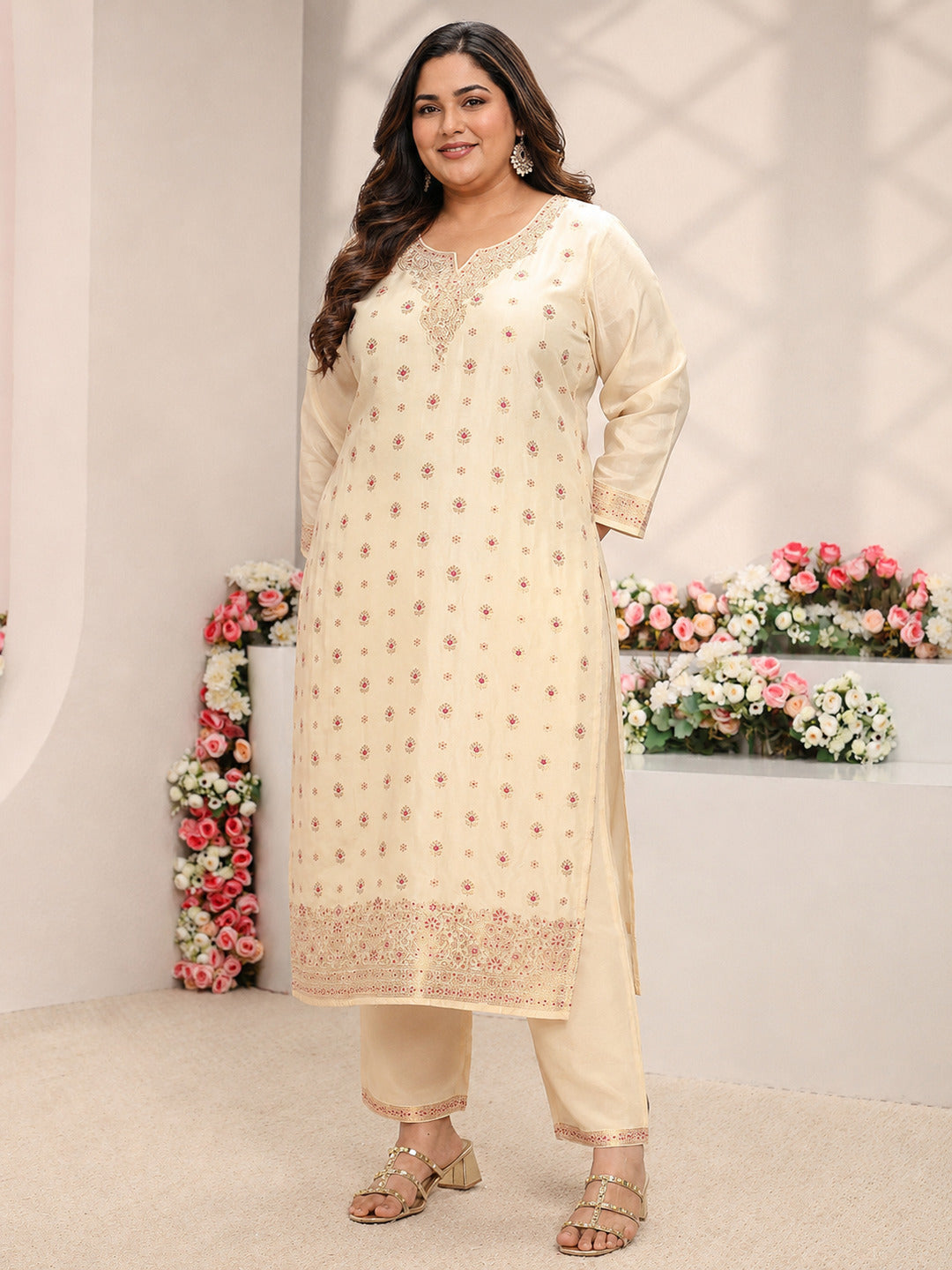  Plus Size Ivory Woven Design Silk Blend Straight Suit Set With Dupatta 